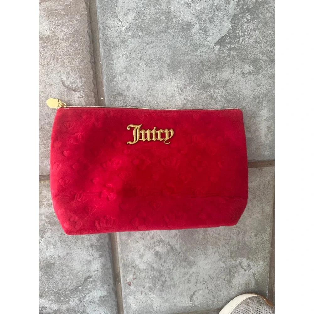 Juicy Couture Red Velour Cosmetic Bag Pouch Sparkle‎ Zipper Charm